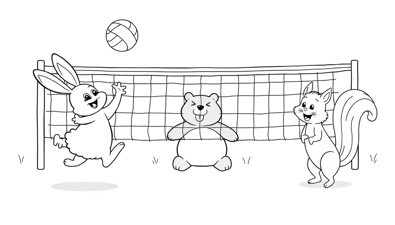 Una placa de color con un dibujo de un conejo, un oso y una ardilla jugando voleibol.