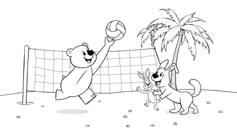 Un oso, un conejo y un perro jugando voleibol en la playa, listo para ser coloreado, en una placa de color.