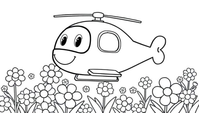 Un helicóptero sonriente volando sobre un campo de flores listo para ser coloreado en la placa de color.