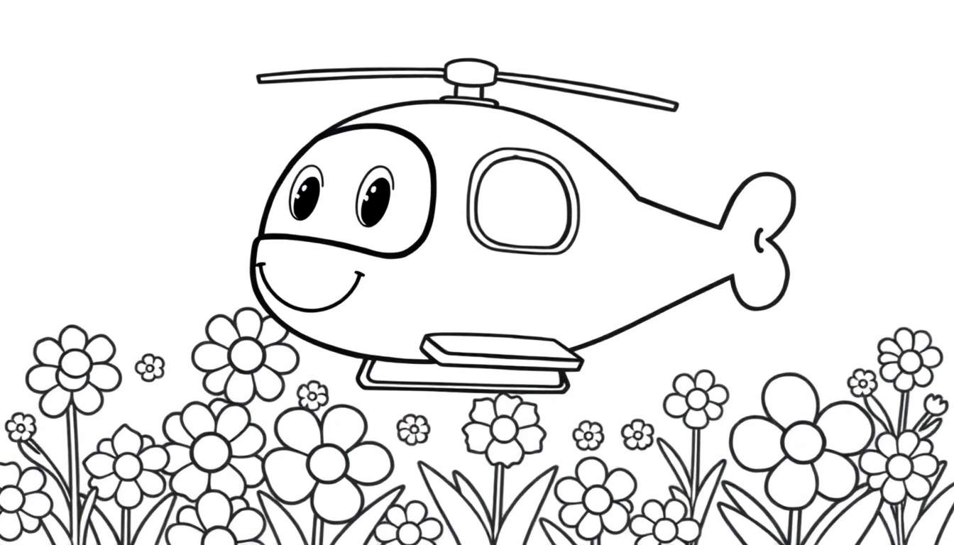 Un helicóptero sonriente volando sobre un campo de flores listo para ser coloreado en la placa de color.