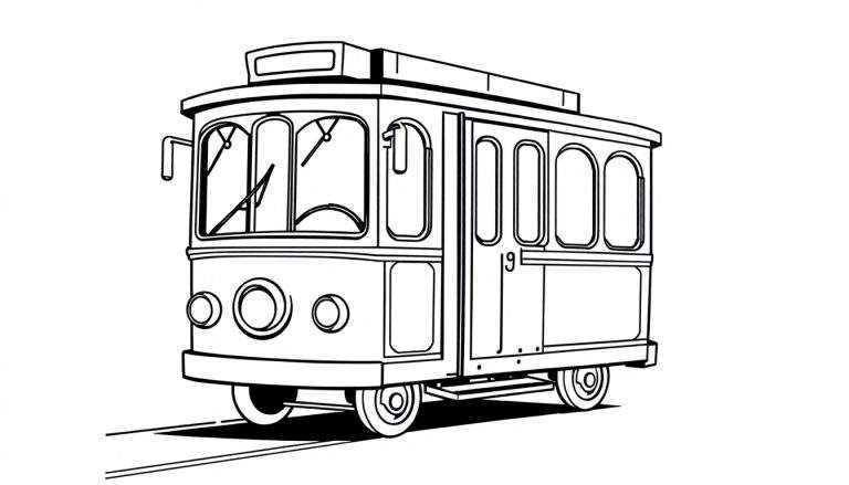 Un tranvía clásico número 19, listo para colorear.