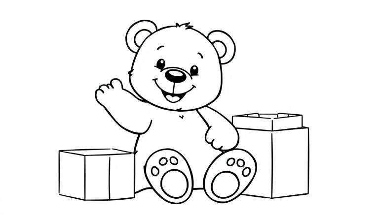 Placa de color de un oso de peluche sonriente saludando con la mano junto a dos cajas de regalo.