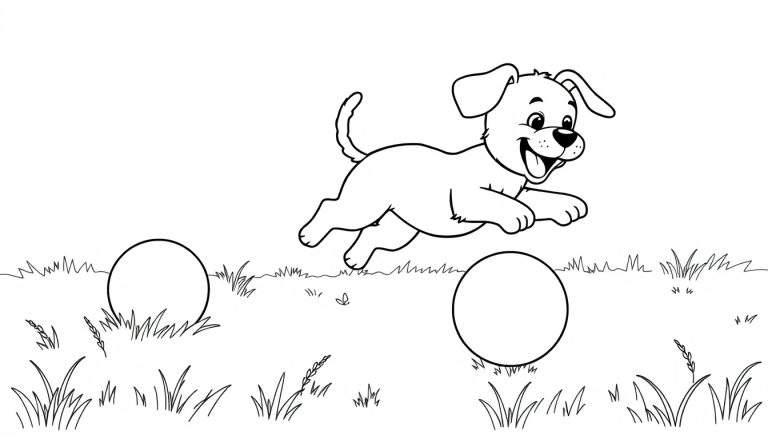 Placa de color de un perro feliz saltando sobre pelotas en un campo de hierba.