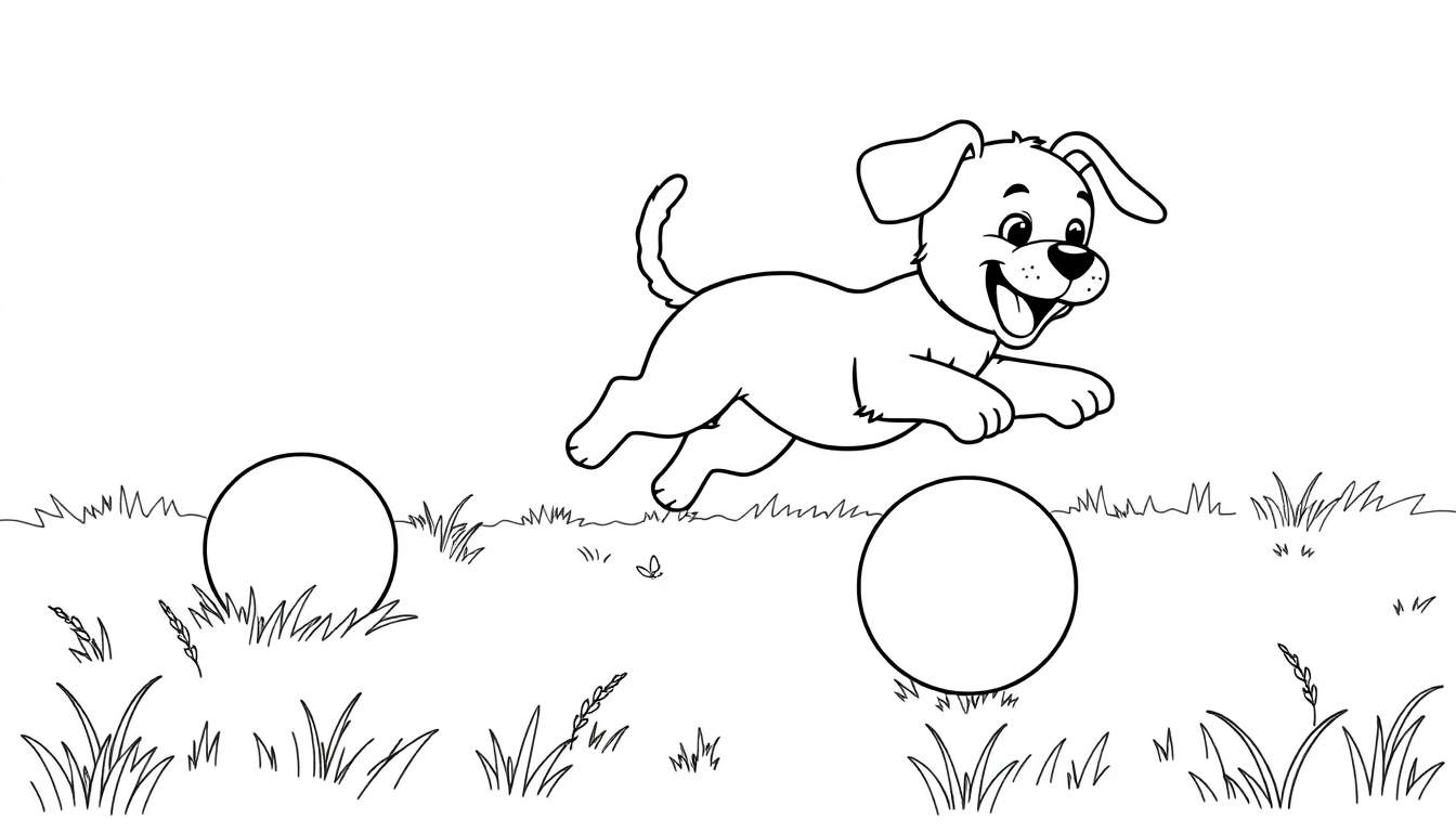 Placa de color de un perro feliz saltando sobre pelotas en un campo de hierba.
