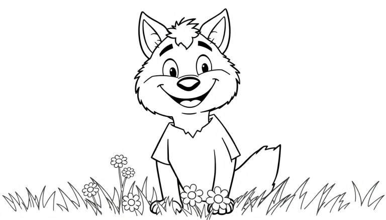 Placa de color de un simpático lobo de dibujos animados sentado en la hierba.