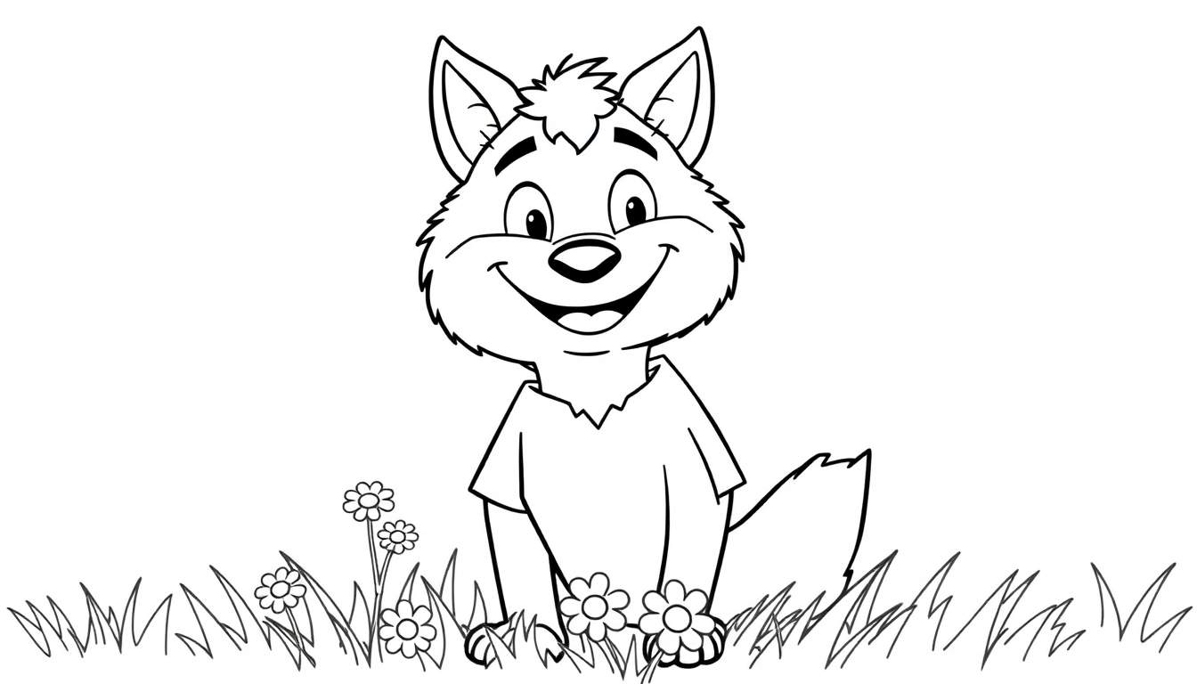 Placa de color de un simpático lobo de dibujos animados sentado en la hierba.