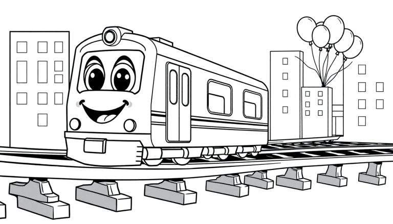 Un tren de metro amigable en una placa de color, listo para colorear.