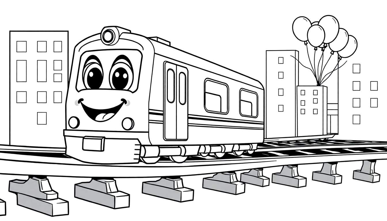Un tren de metro amigable en una placa de color, listo para colorear.