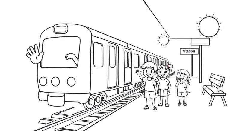 Placa de color de un tren de metro saludando a niños en una estación.