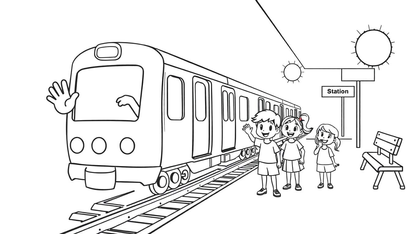 Placa de color de un tren de metro saludando a niños en una estación.