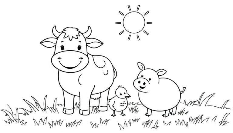Placa de color para colorear de una granja alegre con animales amigables: una vaca, un pollito y un cerdo bajo un sol sonriente.