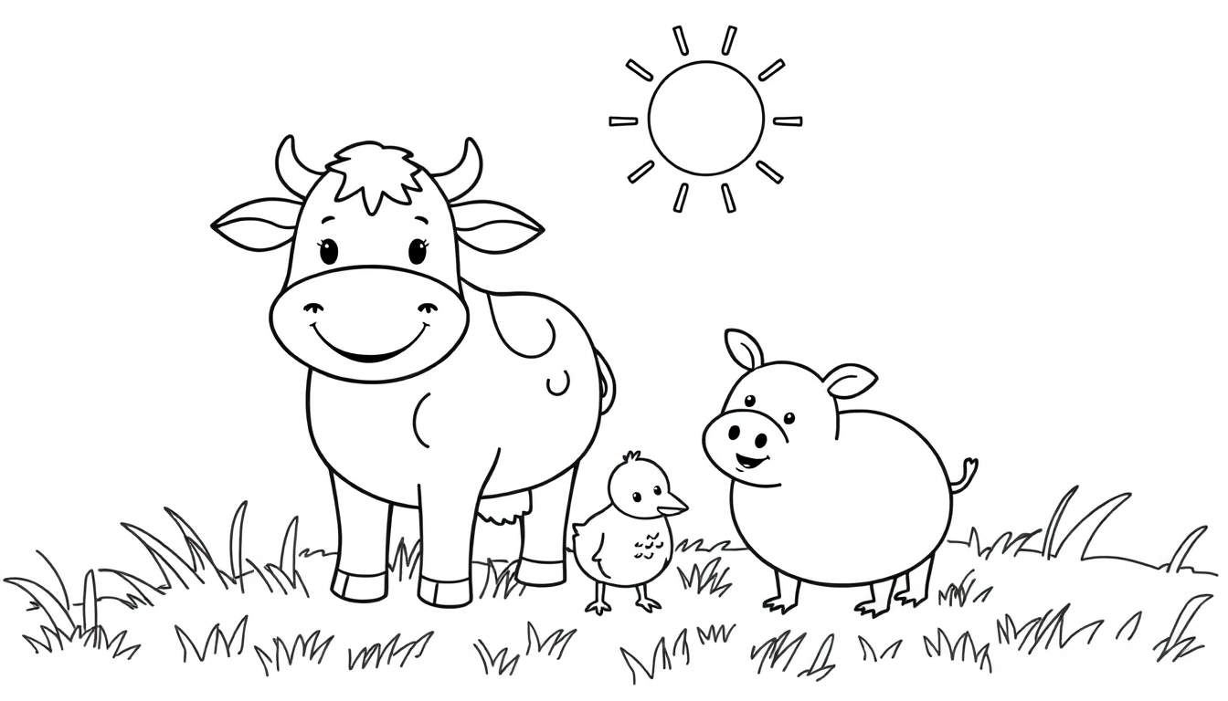 Placa de color para colorear de una granja alegre con animales amigables: una vaca, un pollito y un cerdo bajo un sol sonriente.