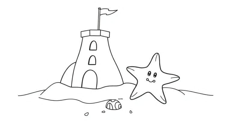 Placa de color de un castillo de arena con bandera y una estrella de mar amigable en la playa.