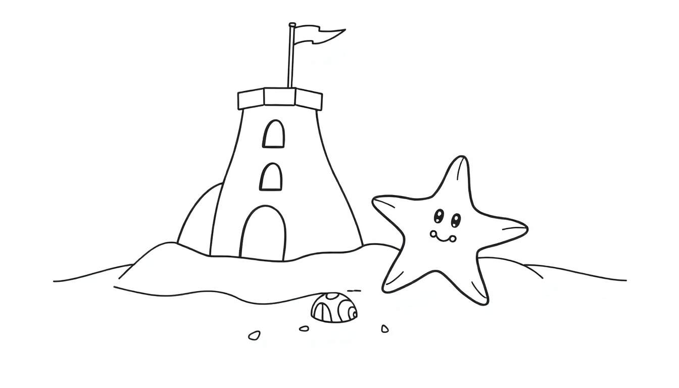Placa de color de un castillo de arena con bandera y una estrella de mar amigable en la playa.