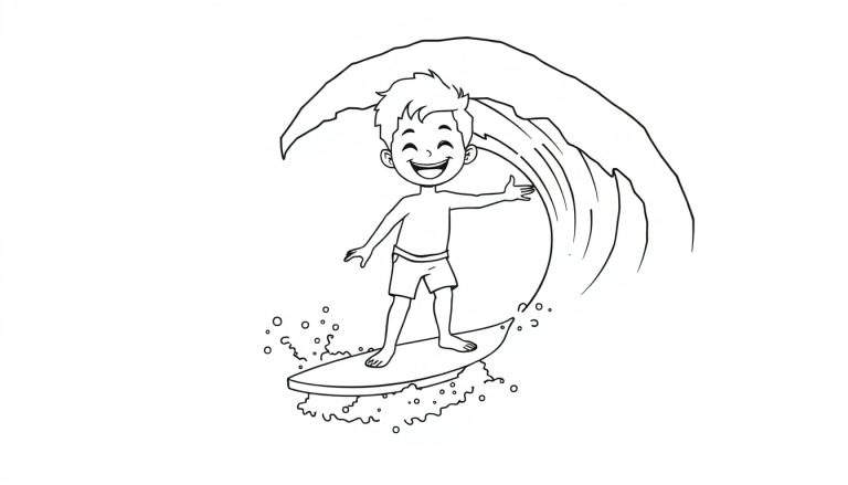 Una placa de color muestra a un niño sonriente en una tabla de surf.