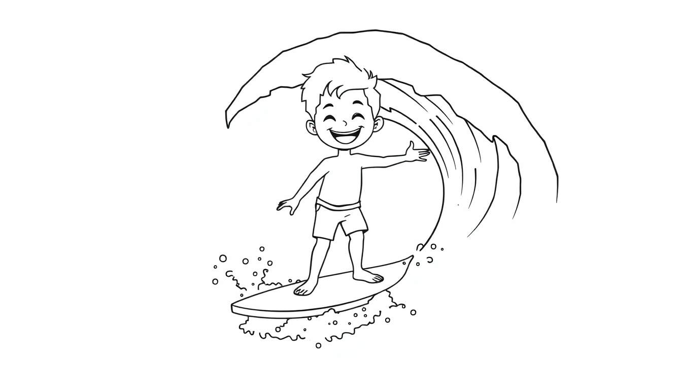 Una placa de color muestra a un niño sonriente en una tabla de surf.