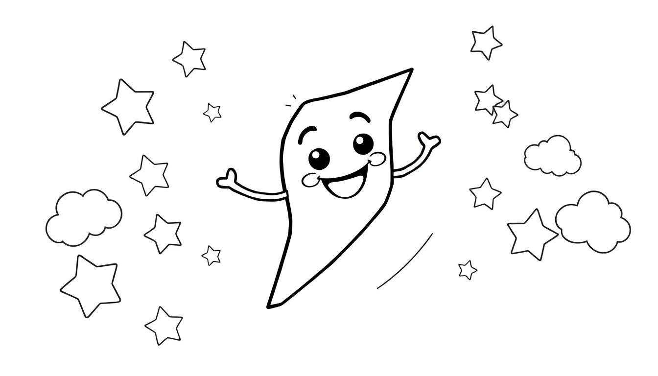 Placa de color de un rayo amigable con cara sonriente, brazos extendidos, rodeado de nubes y estrellas.