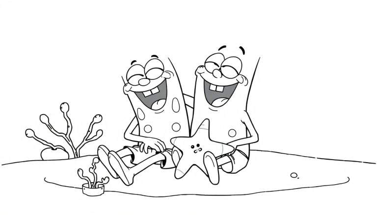 Bob Esponja y Patricio riendo con una placa de color de estrella de mar en Fondo de Bikini.