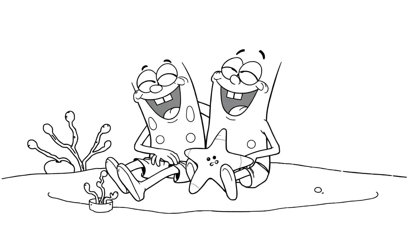 Bob Esponja y Patricio riendo con una placa de color de estrella de mar en Fondo de Bikini.