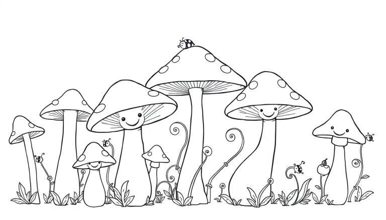Placa de color con hongos sonrientes y mariquitas.