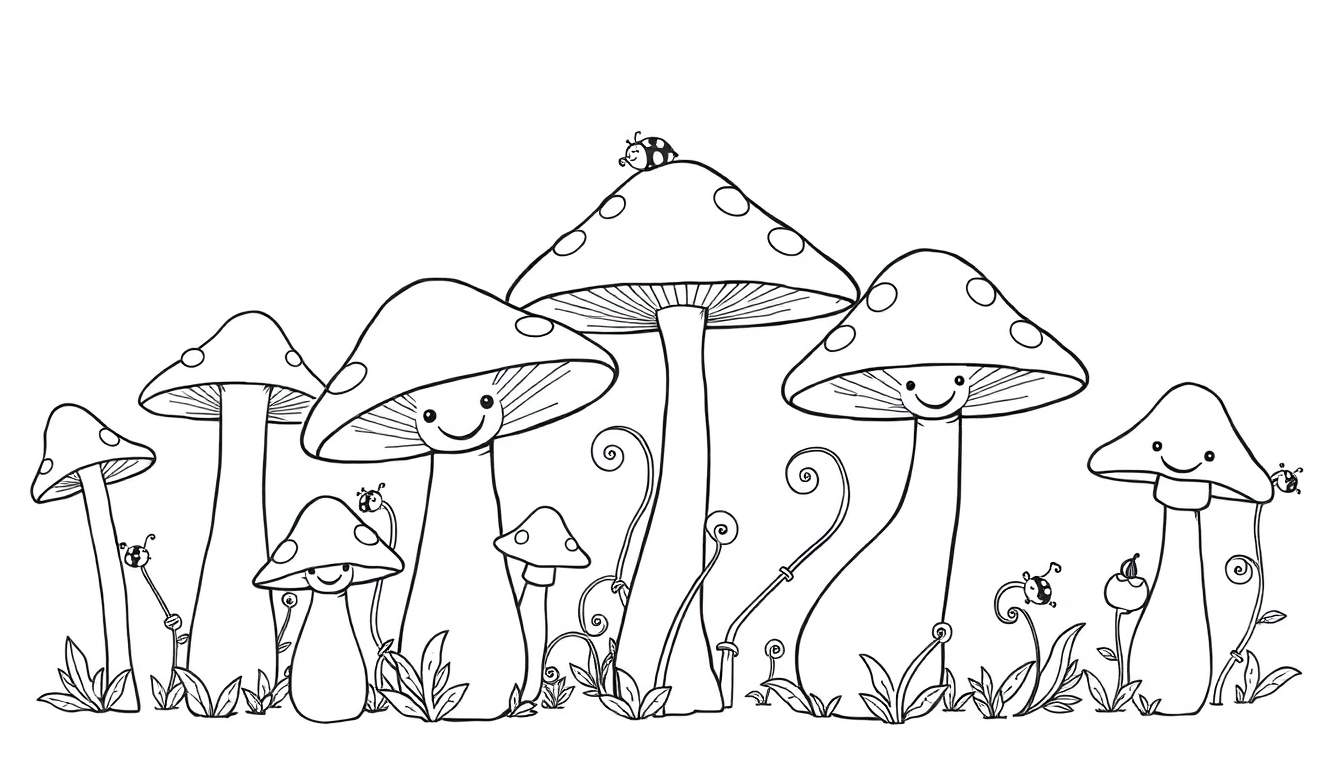 Placa de color con hongos sonrientes y mariquitas.