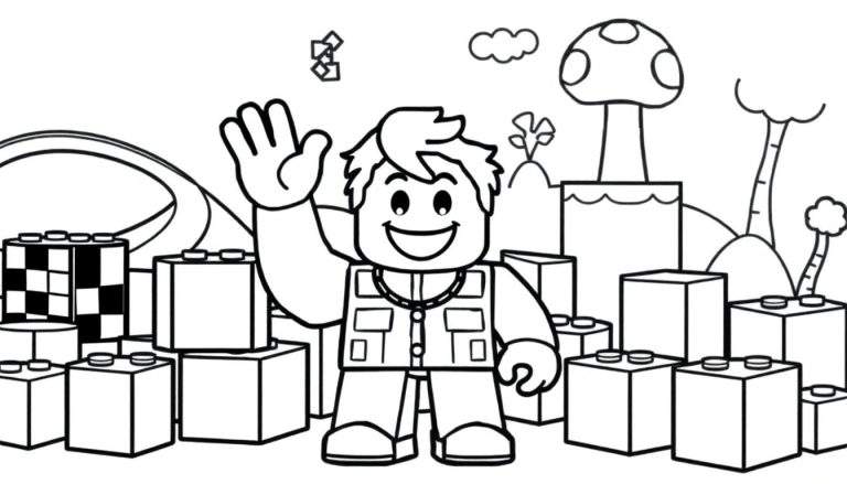 Página para colorear con un personaje cúbico de Roblox saludando en un mundo de bloques, con fondo de videojuego, todo para una placa de color.