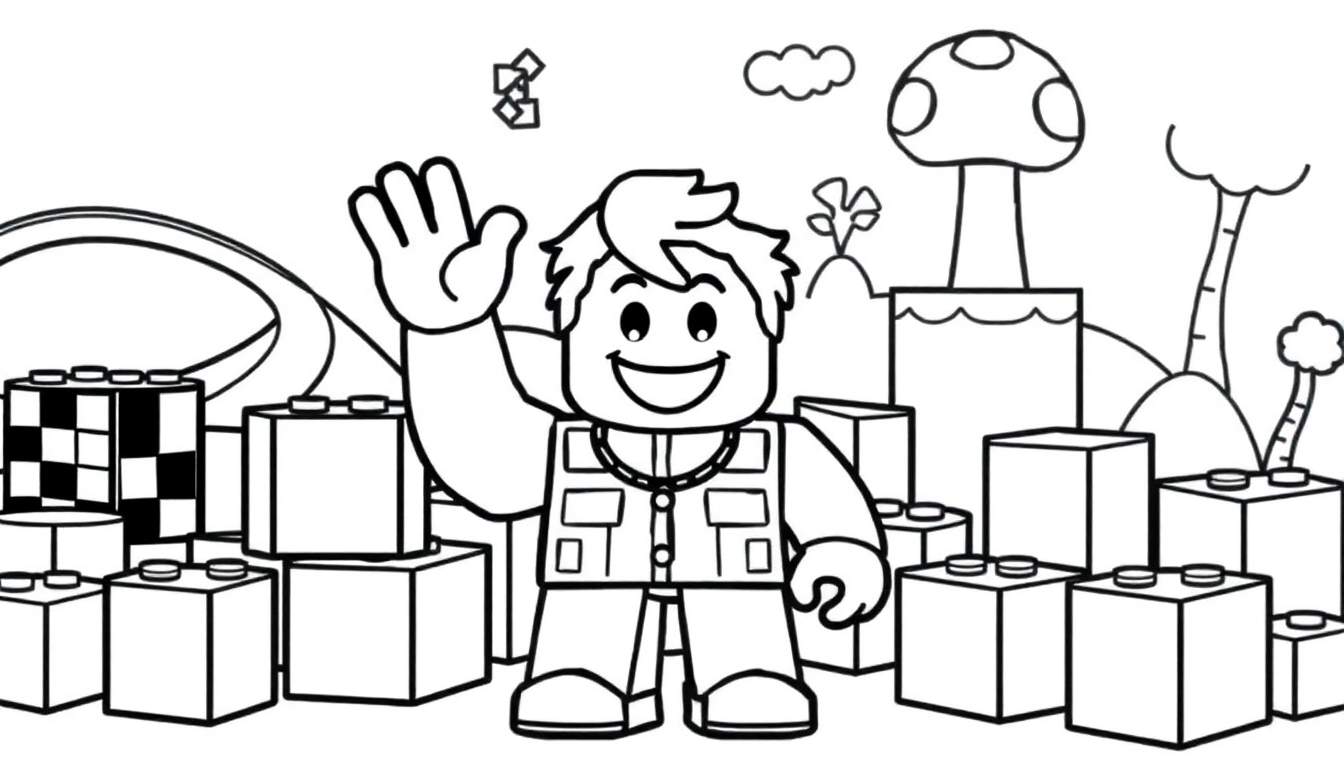 Página para colorear con un personaje cúbico de Roblox saludando en un mundo de bloques, con fondo de videojuego, todo para una placa de color.