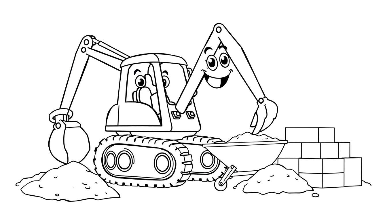 Una excavadora sonriente coloreable sacando tierra.