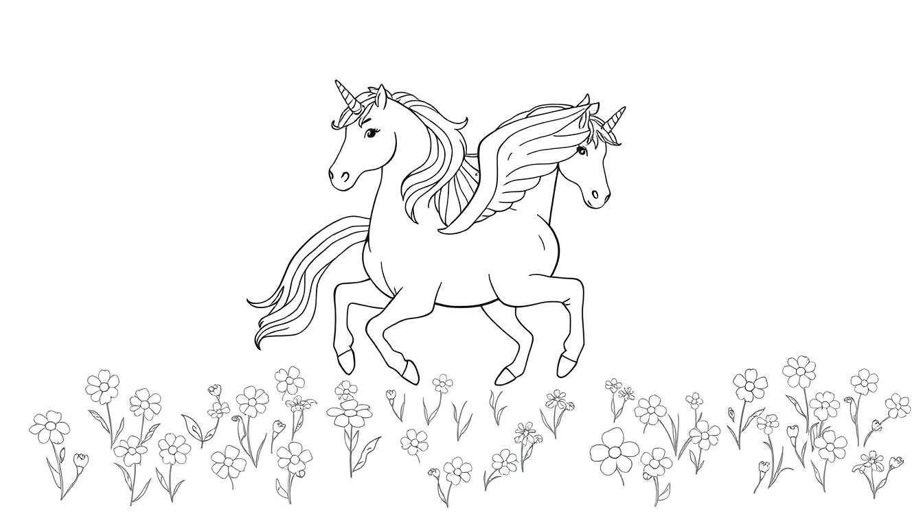 Dos unicornios con un cuerpo compartido y alas, corriendo en un campo de flores en blanco y negro para colorear en esta placa de color.