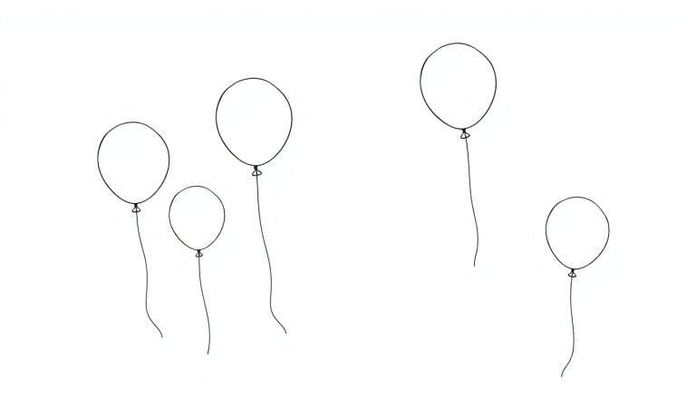 Cinco globos de colores, delineados en negro, listos para colorear con una placa de color.