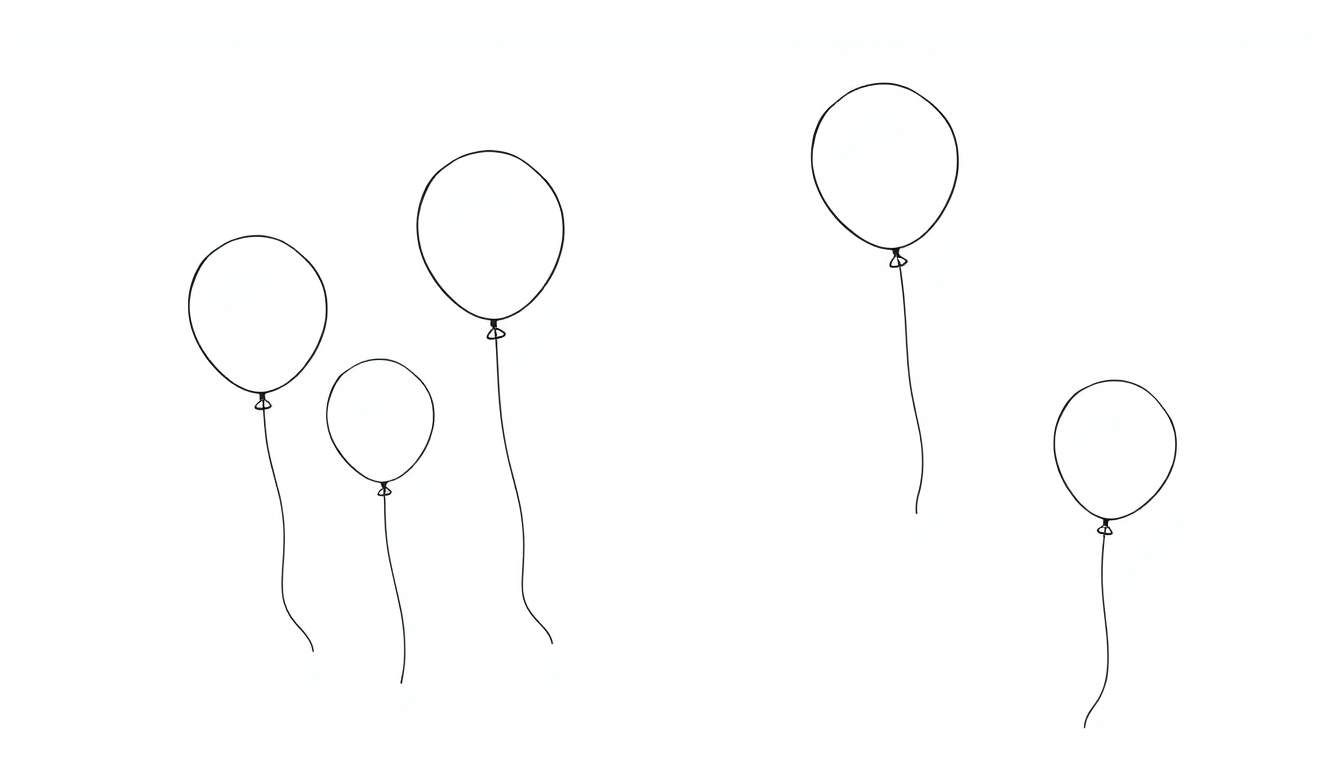 Cinco globos de colores, delineados en negro, listos para colorear con una placa de color.