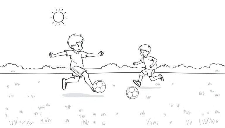 Placa de color de dos niños jugando al fútbol bajo un sol brillante.