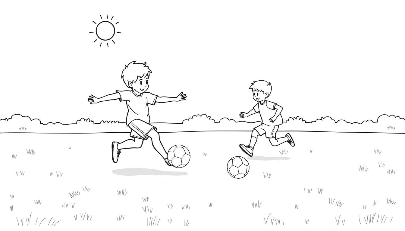 Placa de color de dos niños jugando al fútbol bajo un sol brillante.