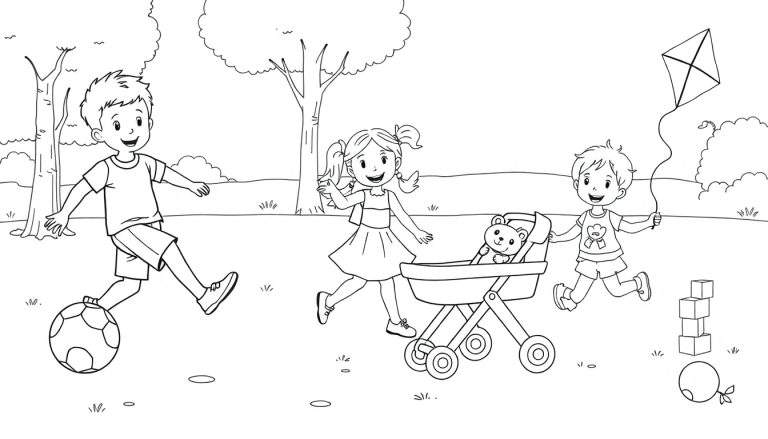 Un dibujo en blanco y negro de niños jugando con una placa de color.