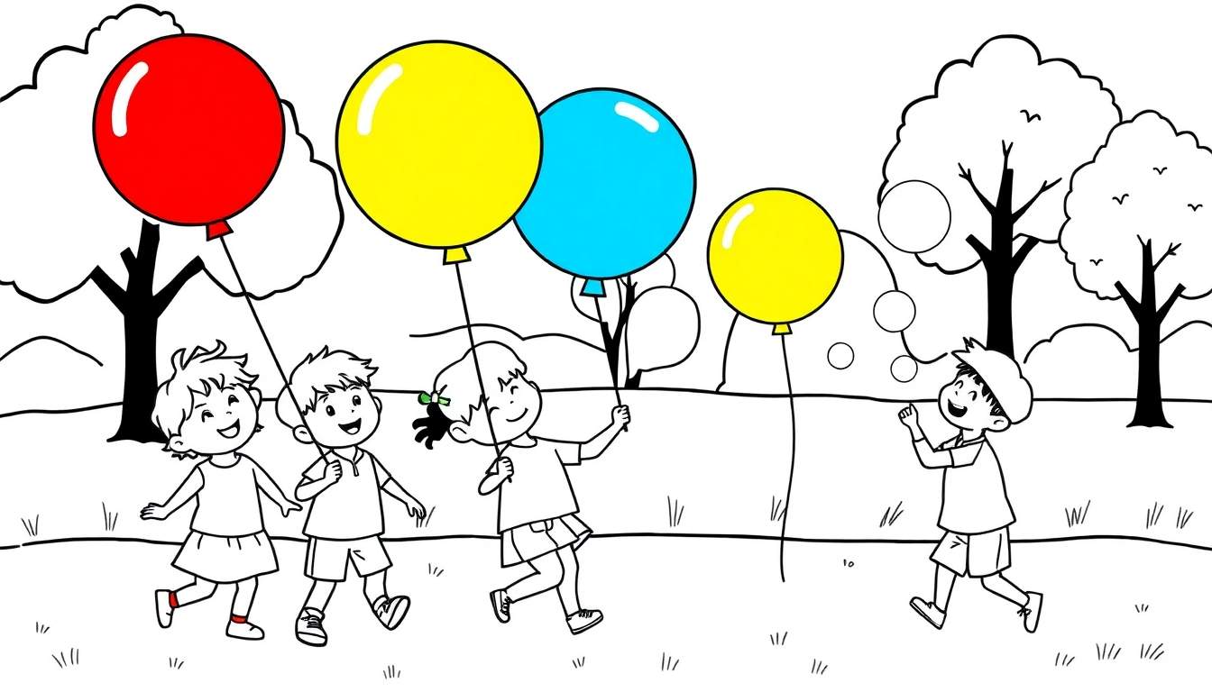 Una placa de color para colorear de cinco niños en un parque con globos de colores y burbujas.