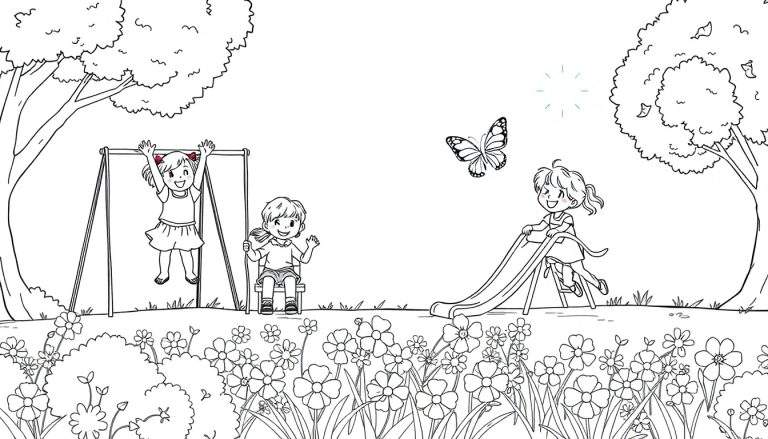 Una placa para colorear de niños jugando en un parque soleado.