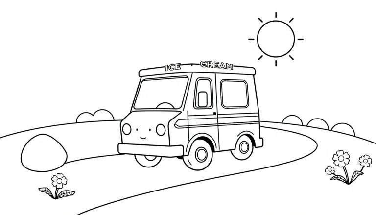 Camión de helados en un camino con flores, listo para ser coloreado con la placa de color.