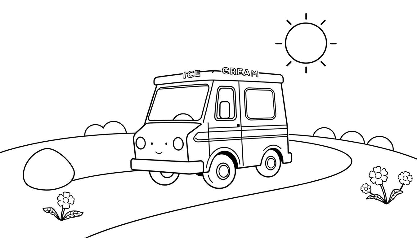 Camión de helados en un camino con flores, listo para ser coloreado con la placa de color.