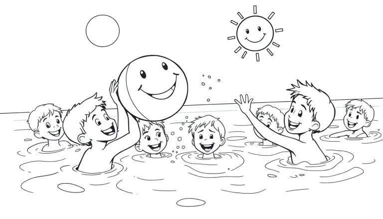 Niños jugando en el agua con una pelota sonriente, placa de color
