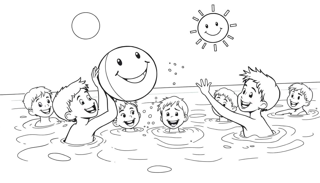 Niños jugando en el agua con una pelota sonriente, placa de color
