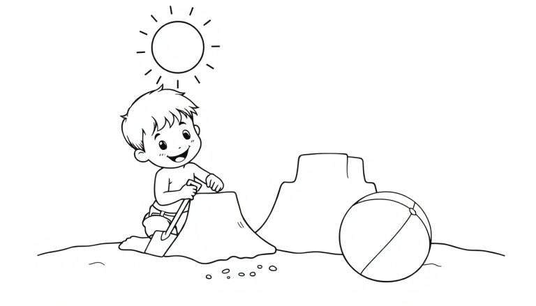 Página para colorear: un niño feliz en la playa creando un castillo de arena bajo el sol, con una pelota cerca.