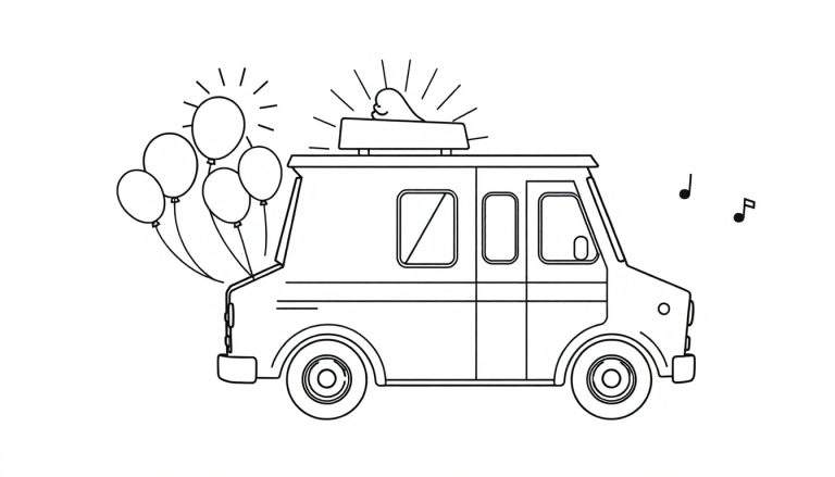 Un camión de helados con forma de helado y globos, listo para colorear con muchos detalles divertidos. Placa de color.