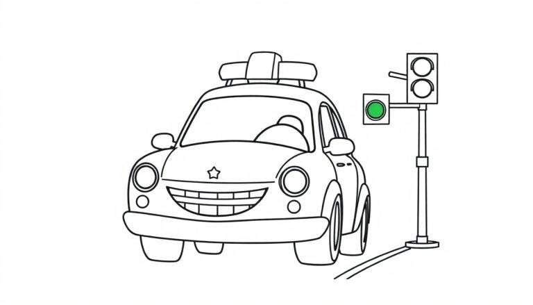 Coche de policía de dibujos animados con la placa de color verde en un semáforo.