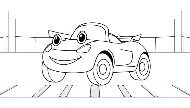 Un coche de carreras de dibujos animados sonriente, un dibujo para colorear de la placa de color.
