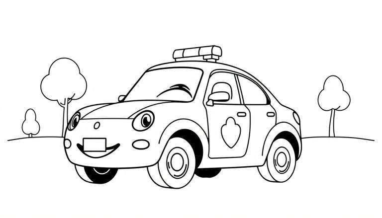 Coche de policía de dibujos animados con una placa de color sonriente y un escudo en forma de corazón.