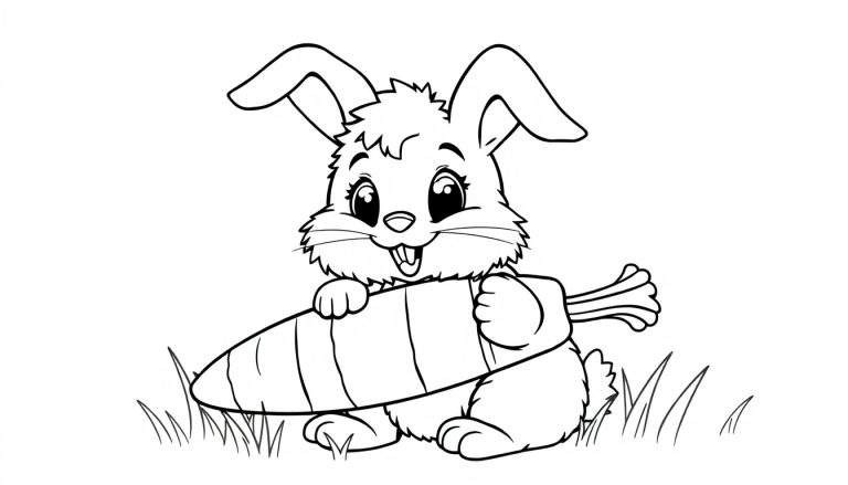 Una página para colorear en blanco y negro de un conejito esponjoso sentado con una zanahoria gigante, con la placa de color.