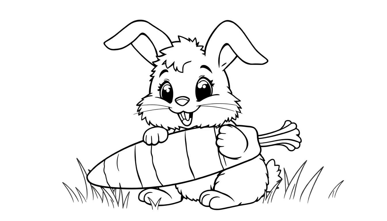 Una página para colorear en blanco y negro de un conejito esponjoso sentado con una zanahoria gigante, con la placa de color.
