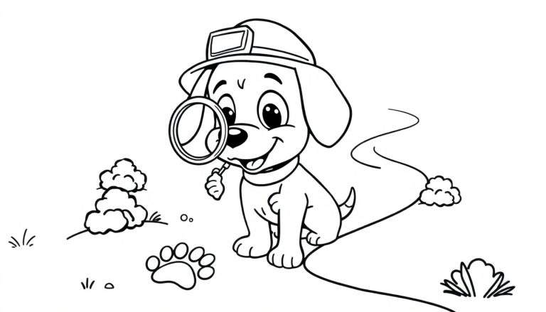 Perro detective de dibujos animados con sombrero y placa, mirando a través de una lupa.