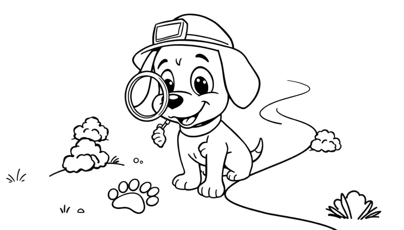 Perro detective de dibujos animados con sombrero y placa, mirando a través de una lupa.