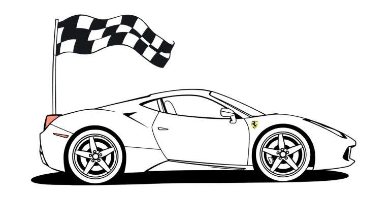 Un coche de carreras Ferrari rojo listo para el color, con una bandera a cuadros, para colorear.